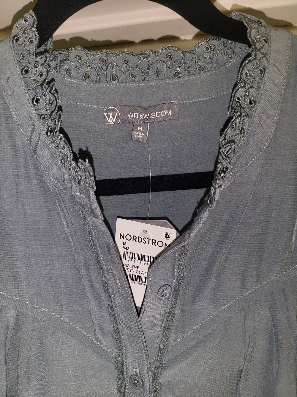 Wit & Wisdom Dusty Teal Lace-Trim ButtonUp Blouse Sz Medium Nwt New Dusty Slate - Picture 2 of 14